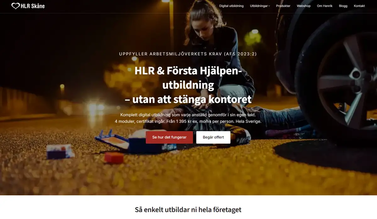 HLR Skåne website for CPR and first aid training with trust-focused design highlighting instructor Henrik