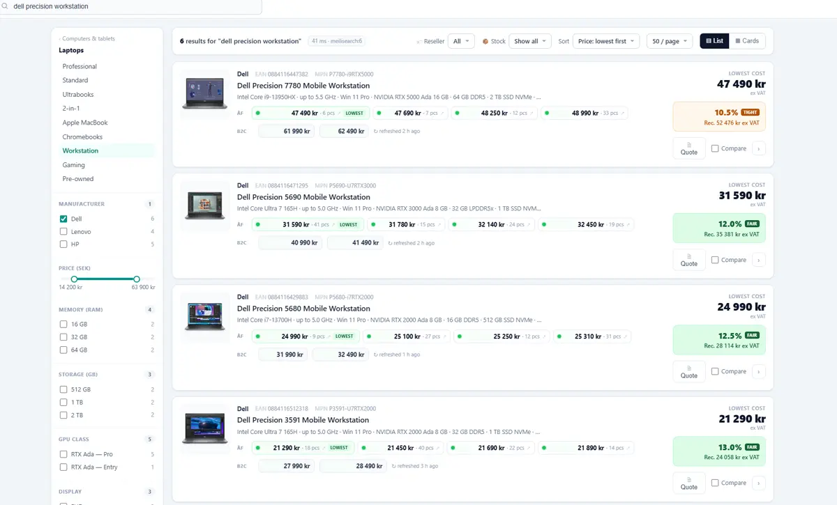Internal B2B sales platform comparing live distributor pricing and stock across multiple suppliers